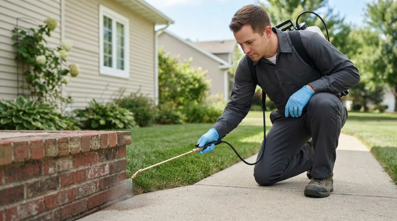 Pest control technician treating a home near Edwardsburg, MI
