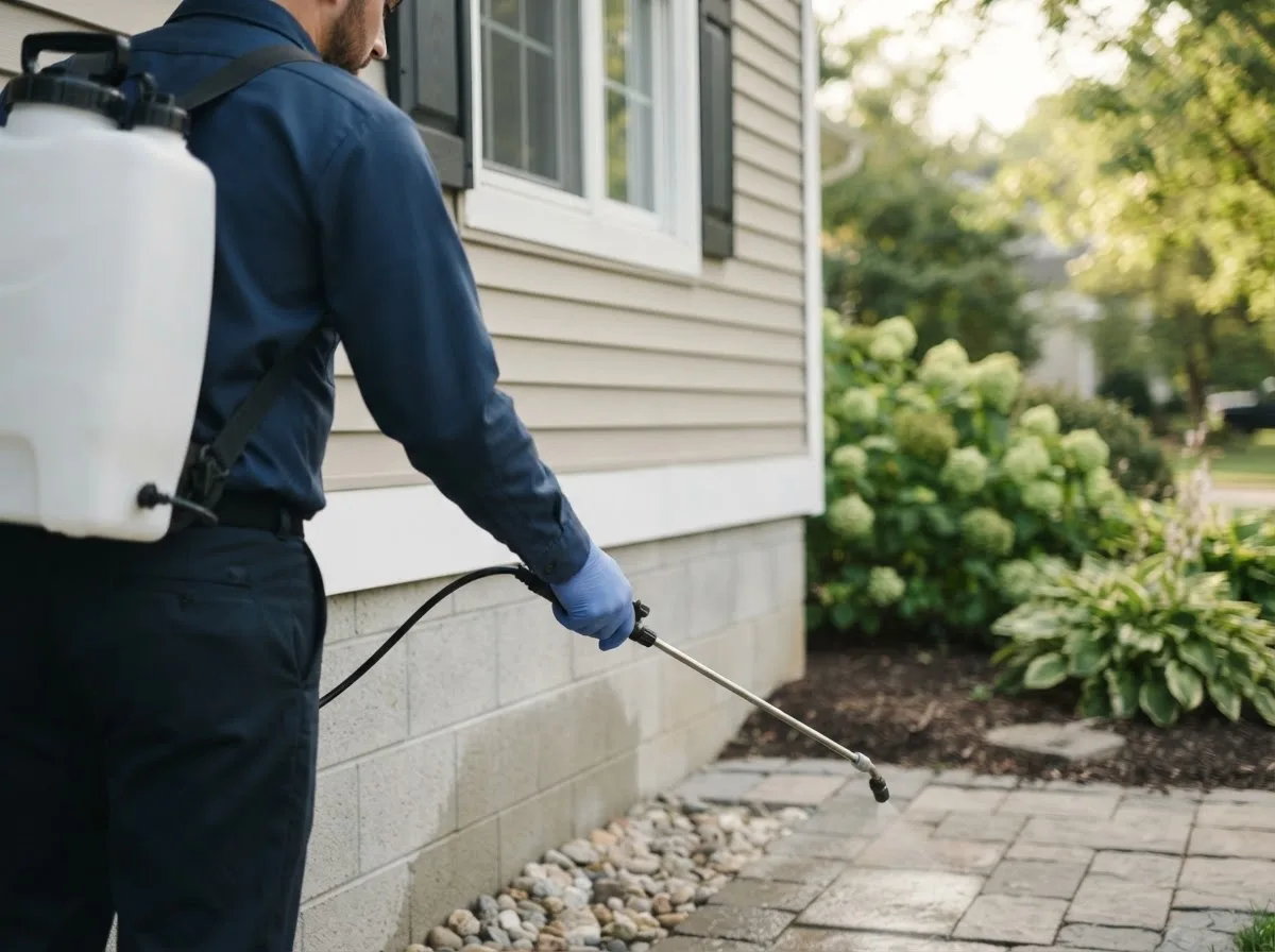 Pest control technician inspecting a home in Edwardsburg, MI